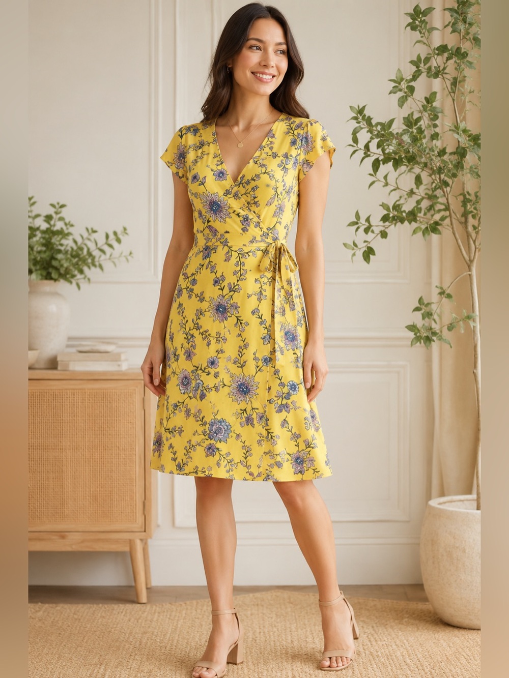 Banana Republic Yellow Floral Wrap Dress Petite 12P Midi Spring Summer Dress